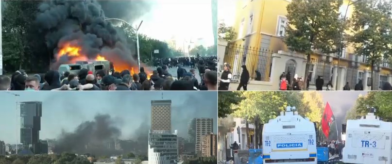 Tirana nën pushtetin e tymit të zi dhe zjarrit  Protestuesit i rikthehen Ministrisë së Arsimit  i vihet flaka zyrave  Hidhen thirrje  Digje Parlamentin    FOTO 