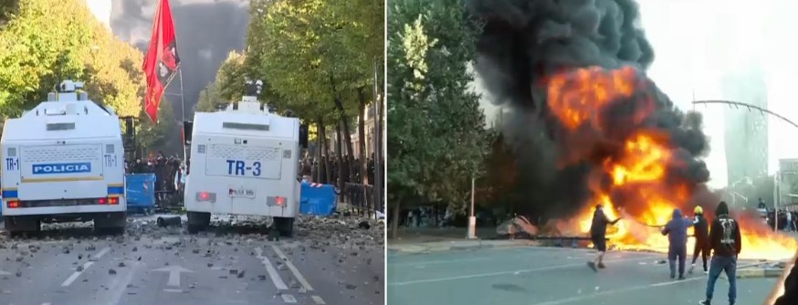 Pasi i vunë flakën koshave  stolave e pemëve në qendër  protestuesit bëjnë thirrje për të sulmuar edhe selinë e PS së 